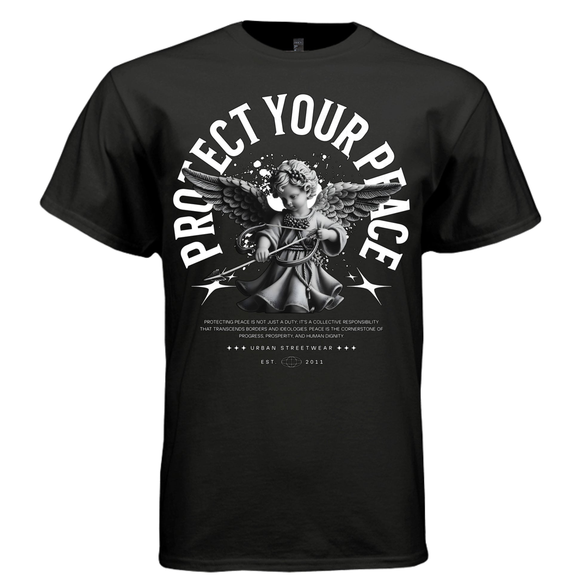 Cherub with bow and arrow starburst splatter detail — Project Hood Protect Your Peace tee