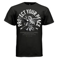 Cherub with bow and arrow starburst splatter detail — Project Hood Protect Your Peace tee
