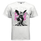 Dark-winged angel dissolving into liquid with hot pink Fly Deep repeat text — Project Hood Fly Deep tee