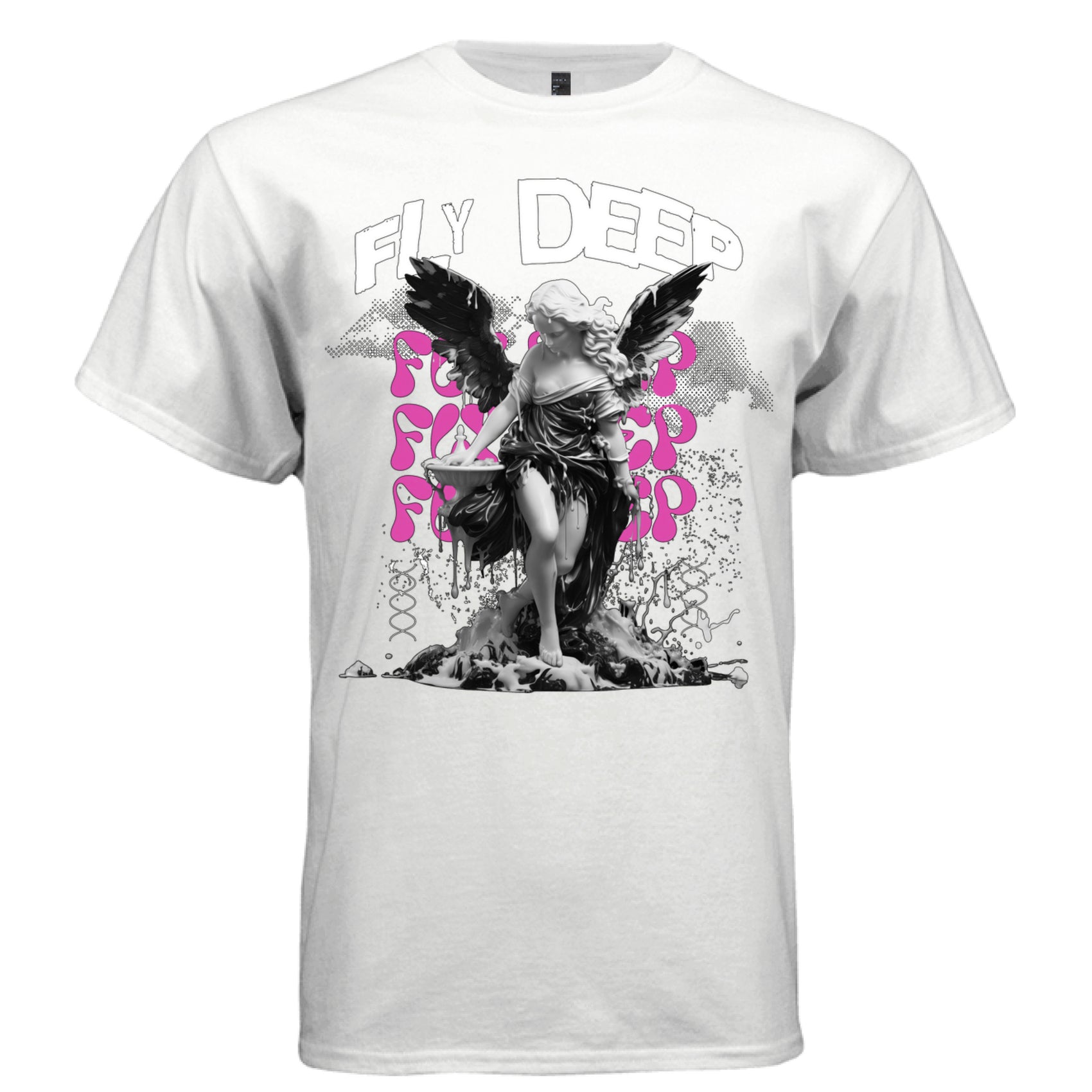Dark-winged angel dissolving into liquid with hot pink Fly Deep repeat text — Project Hood Fly Deep tee