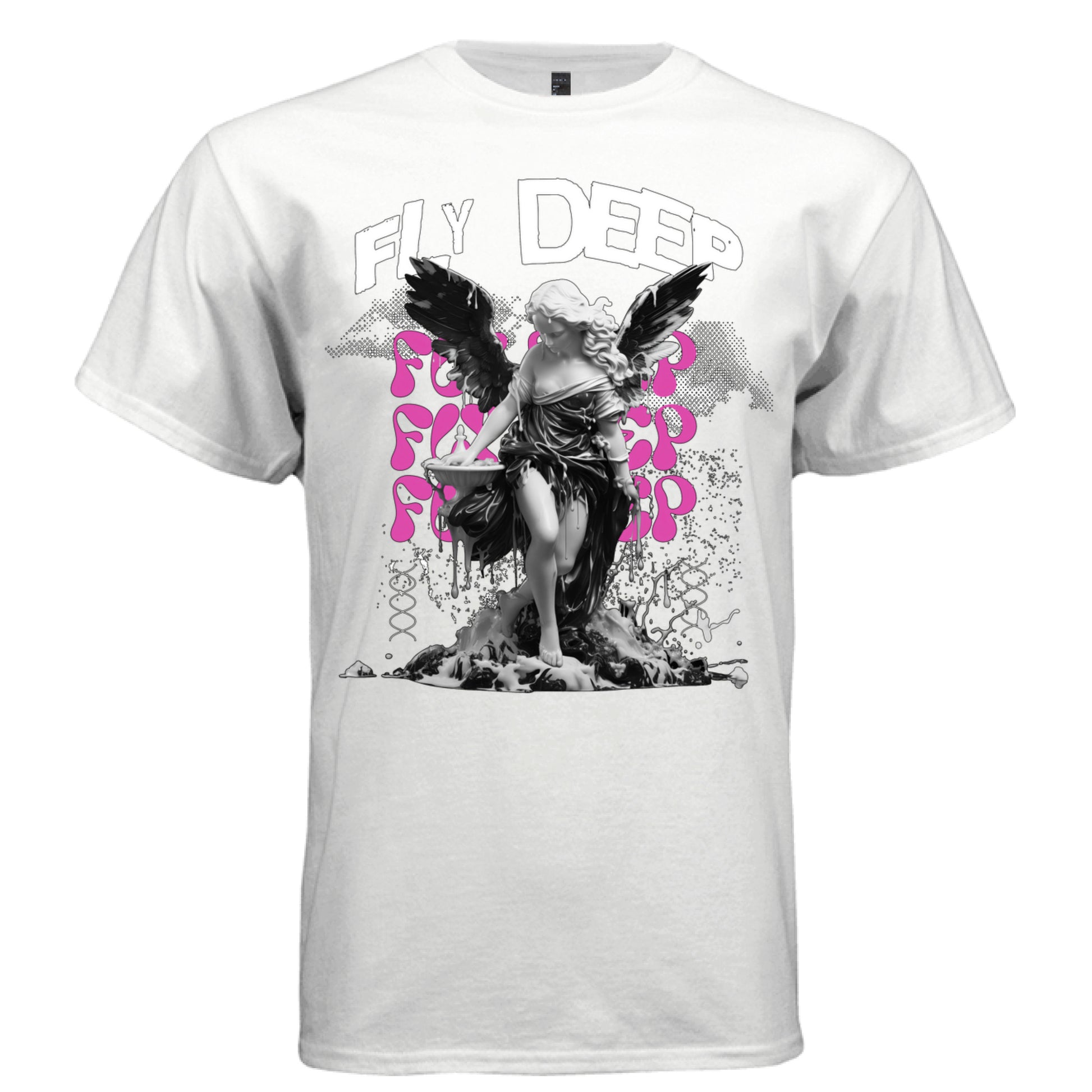 Dark-winged angel dissolving into liquid with hot pink Fly Deep repeat text — Project Hood Fly Deep tee