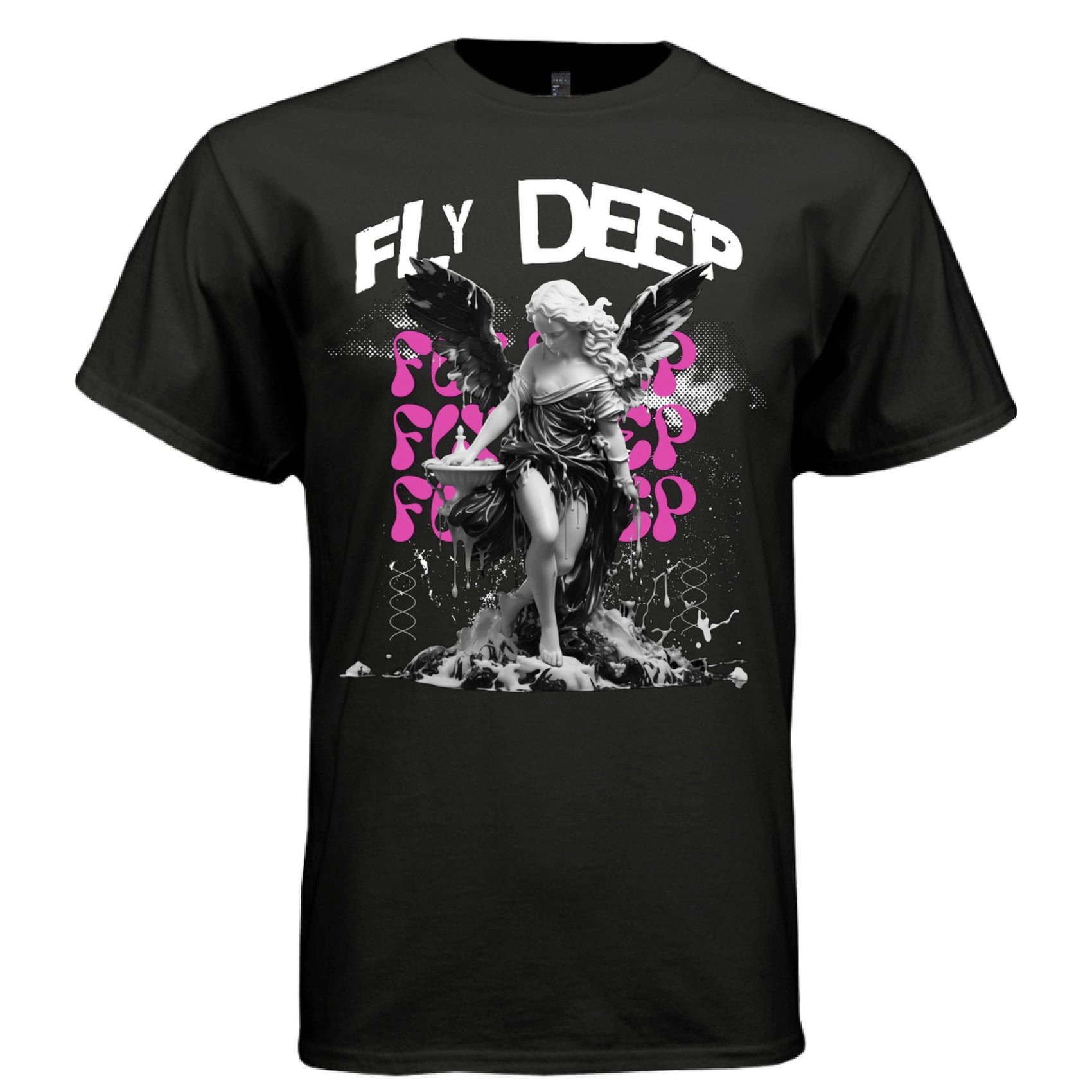 DNA double helix strand details and liquid splatter at base of melting angel — Project Hood Fly Deep tee