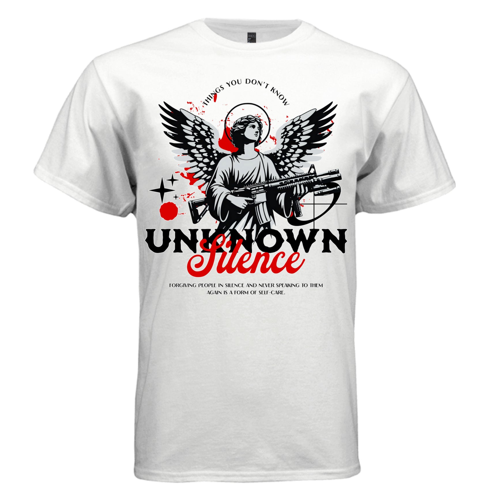 Angel holding assault rifle with red Silence script and UNKNOWN outlined print — Project Hood Silence tee