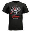 Red paint splatter and geometric lines with armed halo angel detail — Project Hood Silence tee