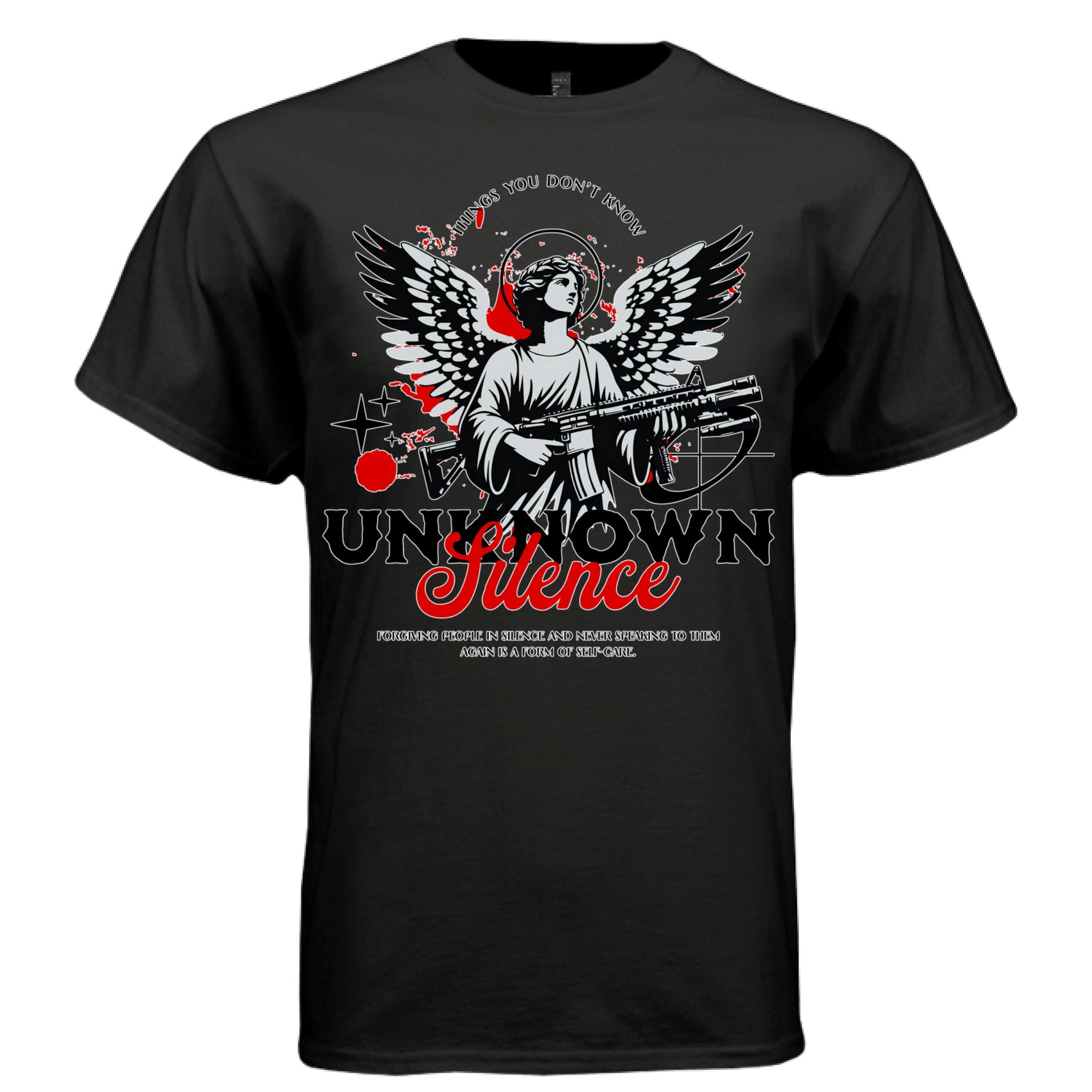 Red paint splatter and geometric lines with armed halo angel detail — Project Hood Silence tee