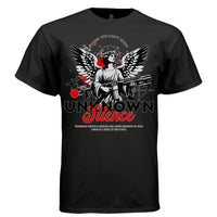 Red paint splatter and geometric lines with armed halo angel detail — Project Hood Silence tee