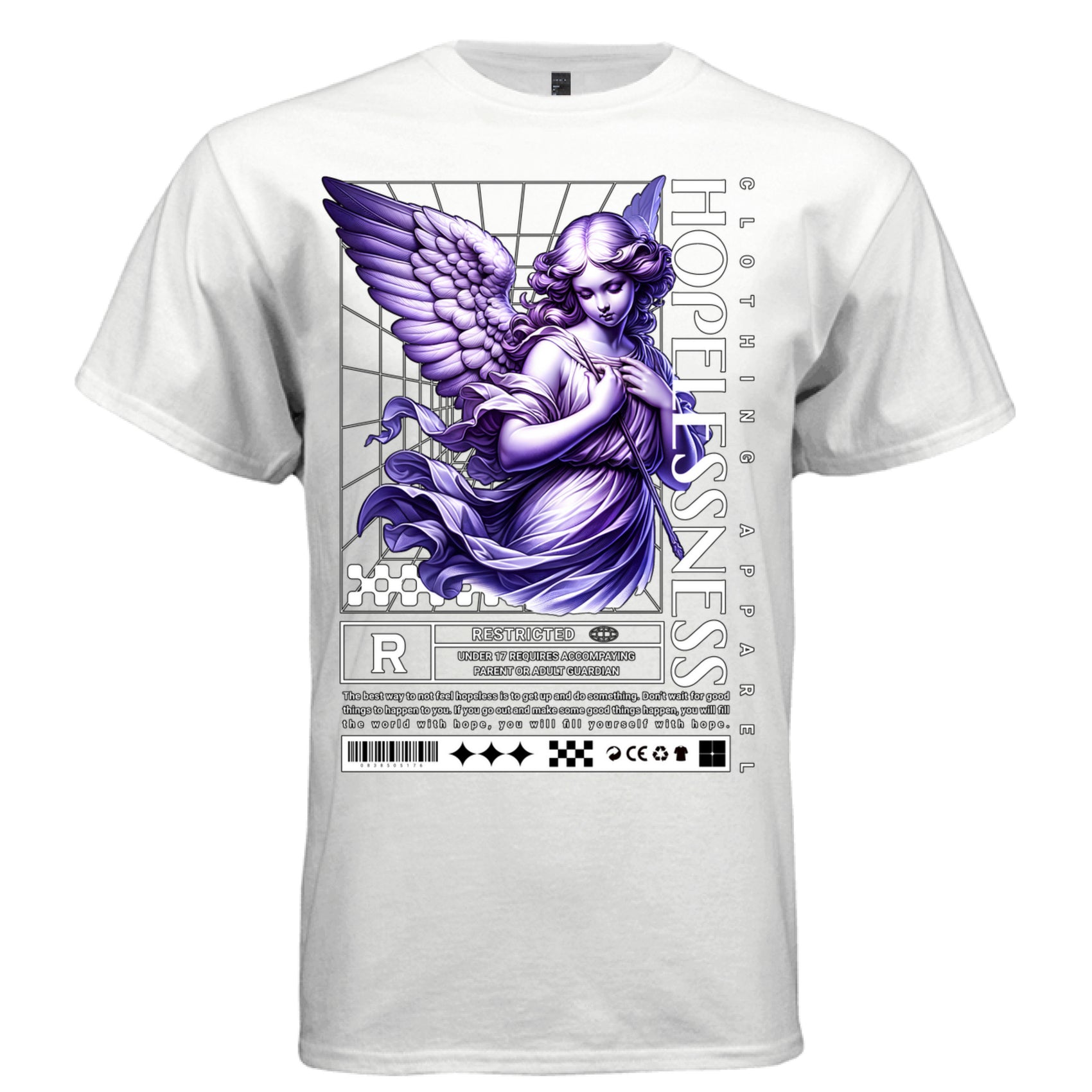 Classical angel with arms crossed on white wireframe grid with purple Hopelessness vertical text — Project Hood