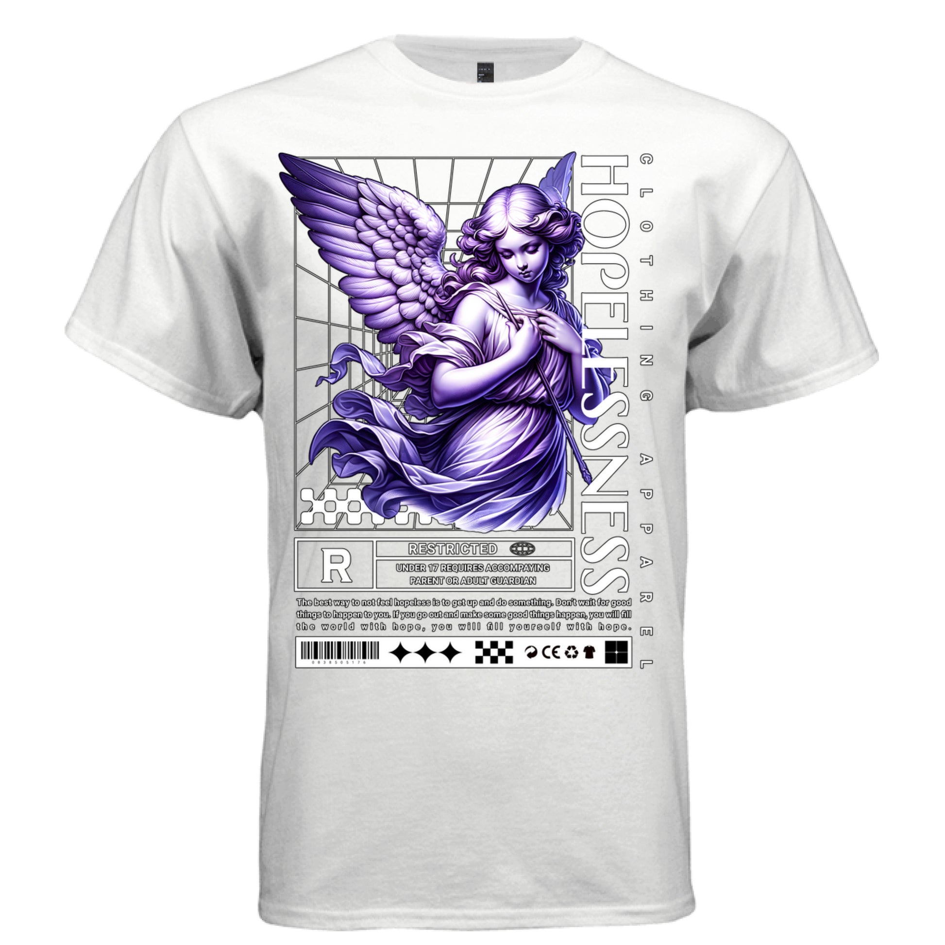Classical angel with arms crossed on white wireframe grid with purple Hopelessness vertical text — Project Hood
