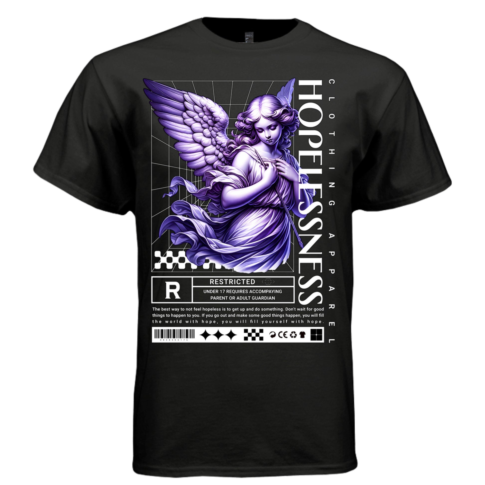 R rating box barcode and star icons on Hopelessness purple tee footer — Project Hood streetwear