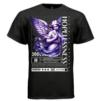 R rating box barcode and star icons on Hopelessness purple tee footer — Project Hood streetwear