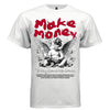 Blindfolded cherub holding stack of cash with flying doves and red paint splatters — Project Hood Make Money tee