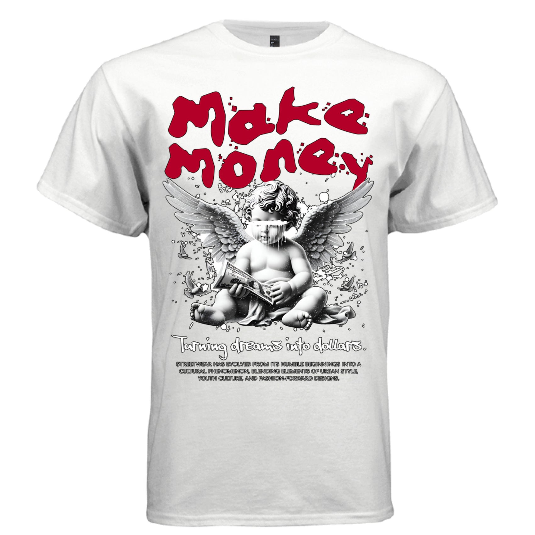Blindfolded cherub holding stack of cash with flying doves and red paint splatters — Project Hood Make Money tee