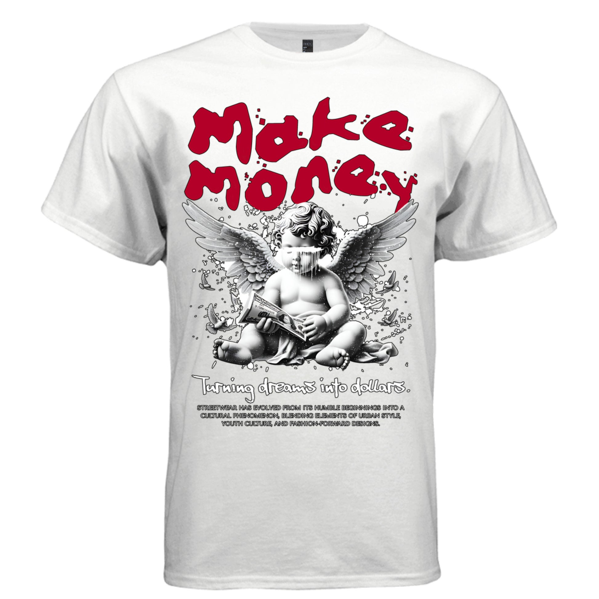 Blindfolded cherub holding stack of cash with flying doves and red paint splatters — Project Hood Make Money tee