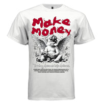 Blindfolded cherub holding stack of cash with flying doves and red paint splatters — Project Hood Make Money tee