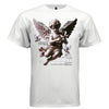Sepia-toned cherub with feathered wings and flowing calligraphy lettering — Project Hood Angel Wings tee