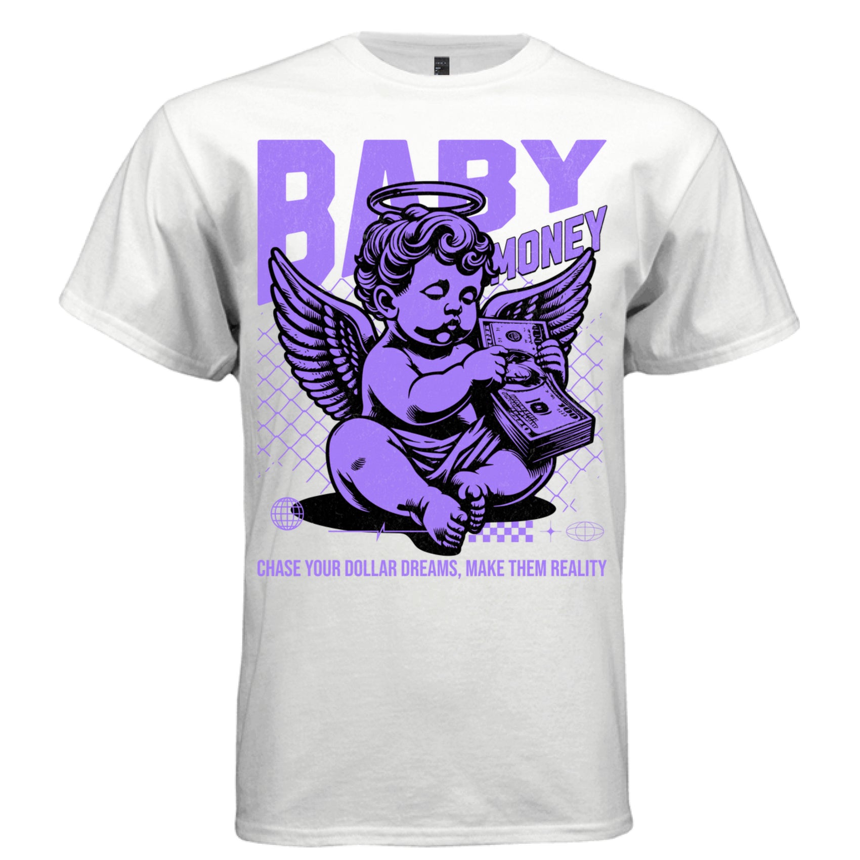 Cherub angel surrounded by dollar bills and money stacks graphic — Project Hood Baby Money tee