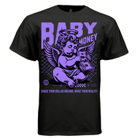 Flying dollar bills and cherub wings detail on Baby Money streetwear tee — Project Hood