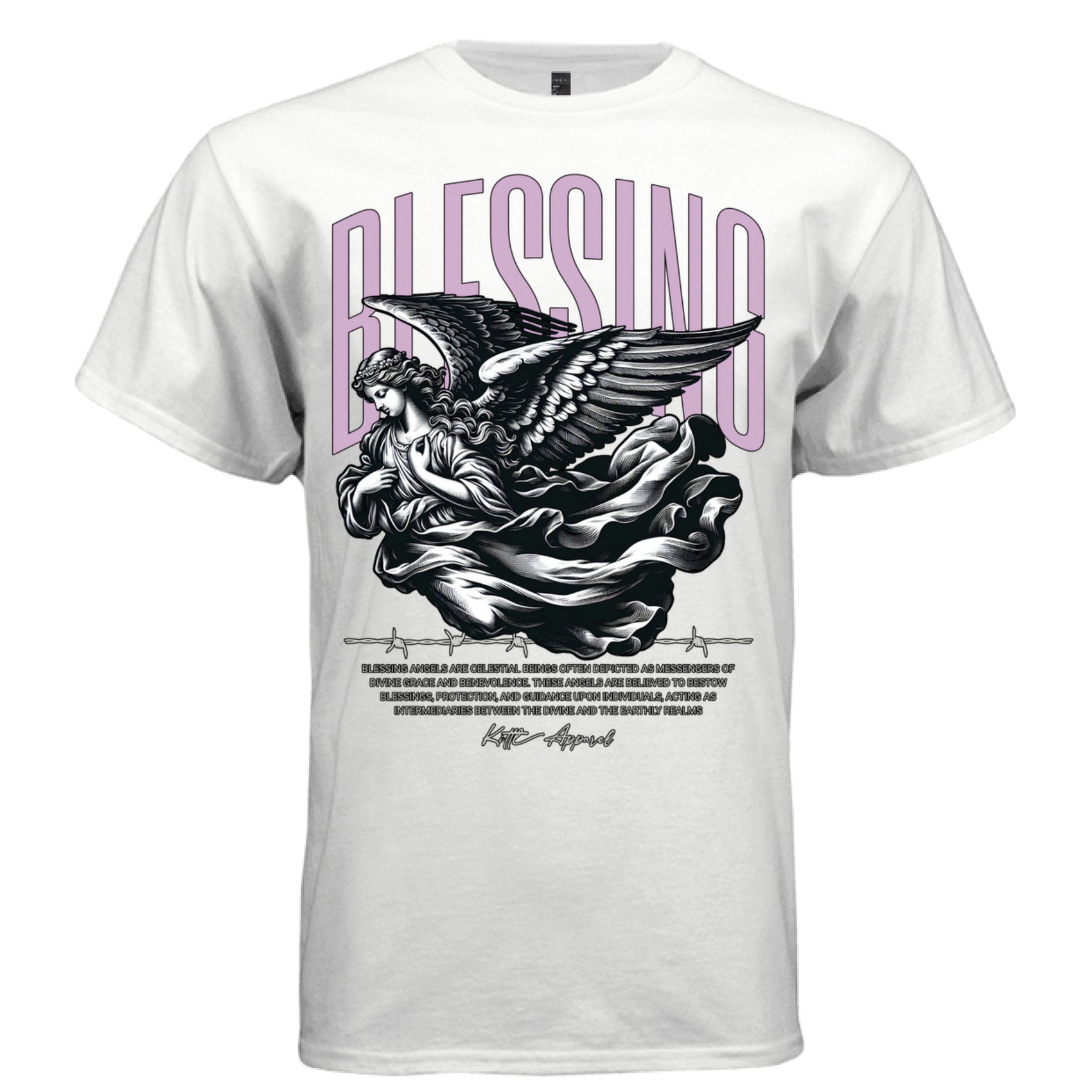 Classical engraving feminine angel descending in flowing robes with spread wings — Project Hood BLESSING tee