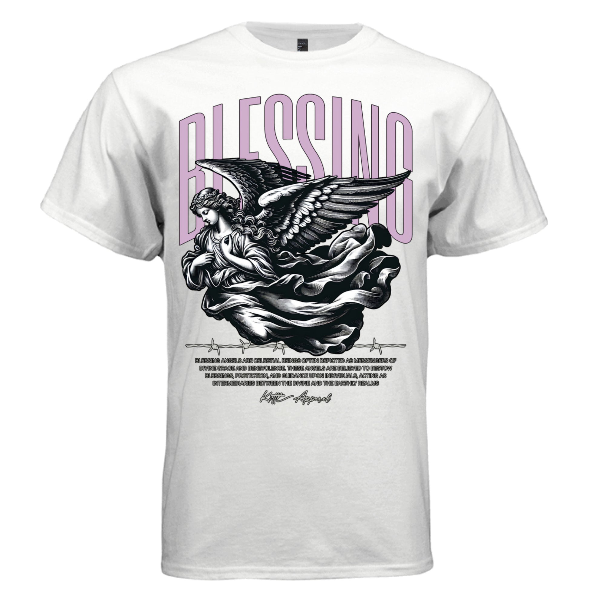 Classical engraving feminine angel descending in flowing robes with spread wings — Project Hood BLESSING tee