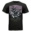 Barbed wire graphic dividing line beneath descending angel — Project Hood BLESSING design detail