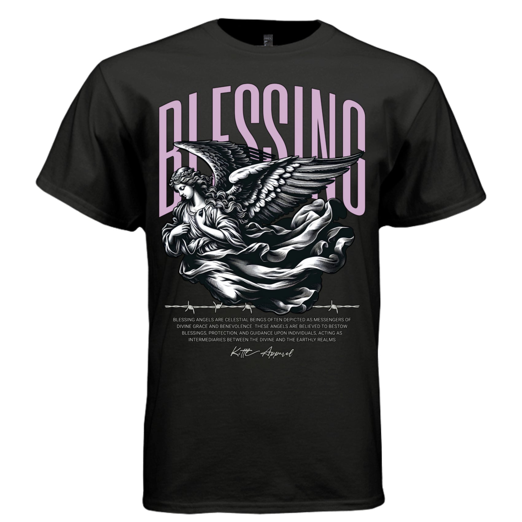 Barbed wire graphic dividing line beneath descending angel — Project Hood BLESSING design detail