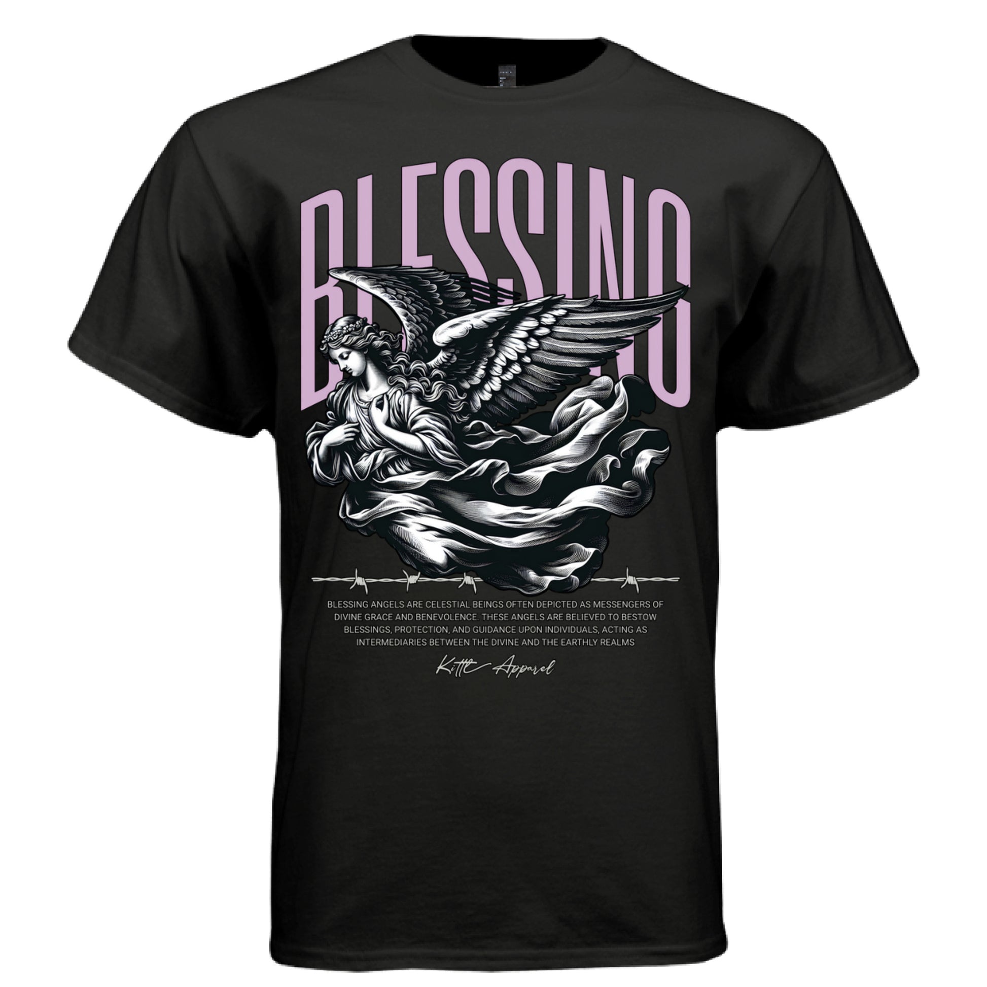Barbed wire graphic dividing line beneath descending angel — Project Hood BLESSING design detail