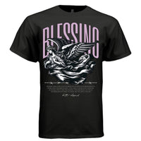 Barbed wire graphic dividing line beneath descending angel — Project Hood BLESSING design detail