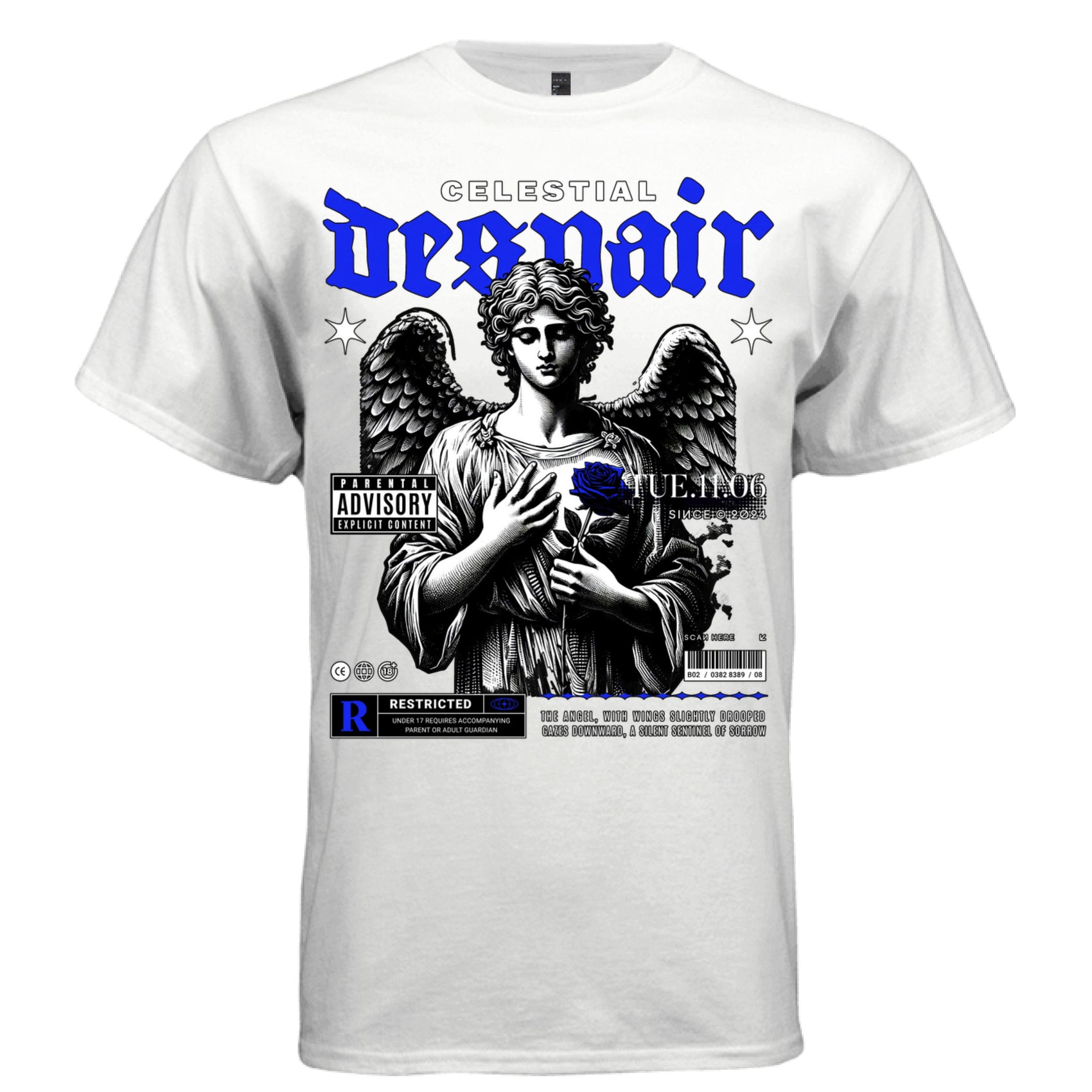 CELESTIAL DESPAIR Project Hood — closeup of deep blue gothic blackletter typography with angel figure integrated into letterforms