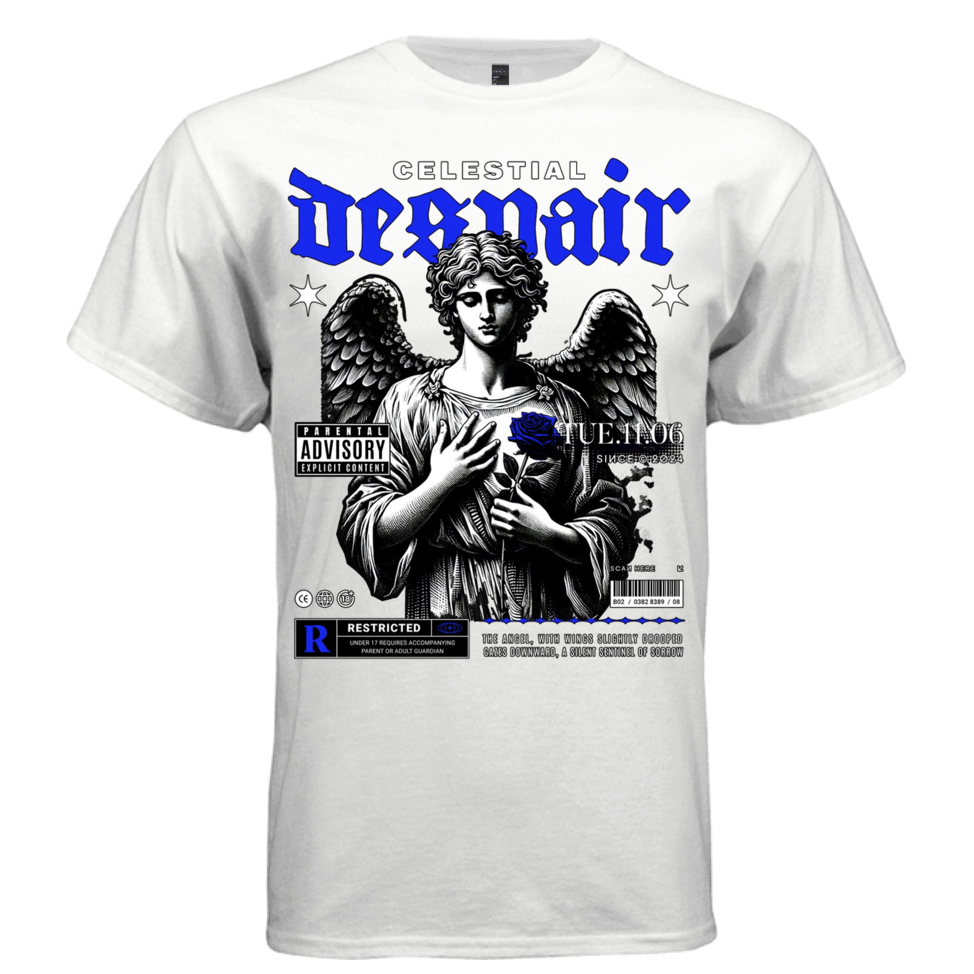 CELESTIAL DESPAIR Project Hood — closeup of deep blue gothic blackletter typography with angel figure integrated into letterforms