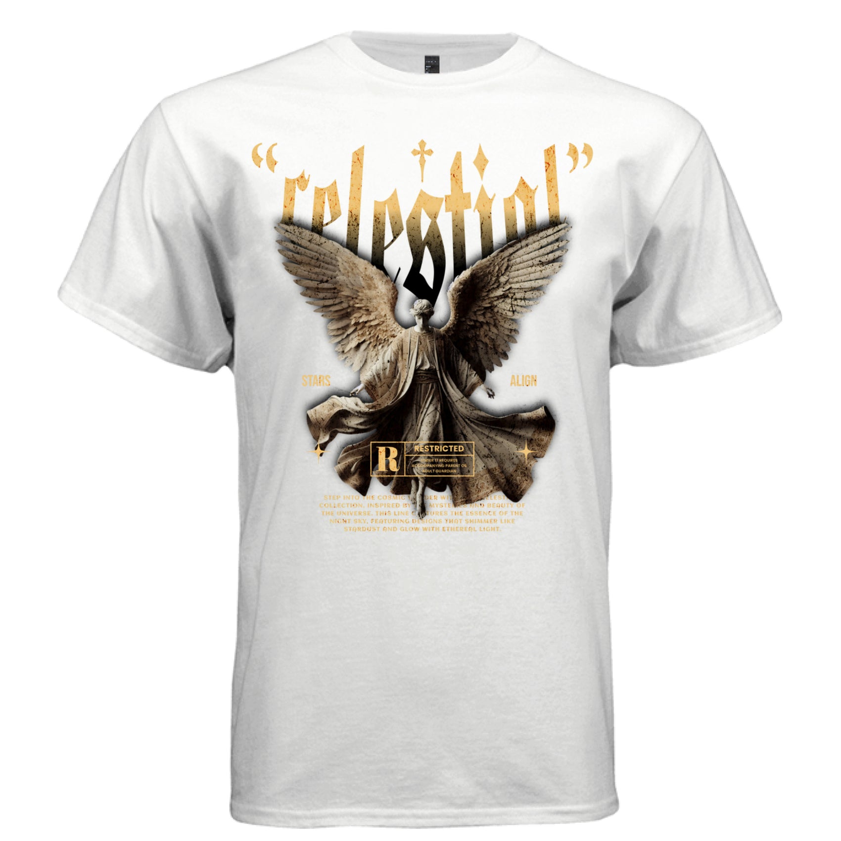 STARS ALIGN Project Hood — closeup of large distressed gold gothic 'celestial' typography with STARS and ALIGN flanking text