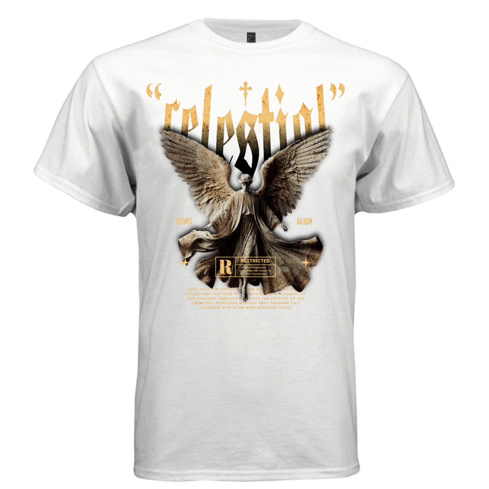 STARS ALIGN Project Hood — closeup of large distressed gold gothic 'celestial' typography with STARS and ALIGN flanking text