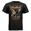 STARS ALIGN Project Hood oversized unisex tee worn look — stone angel cosmic streetwear gold distressed design side view