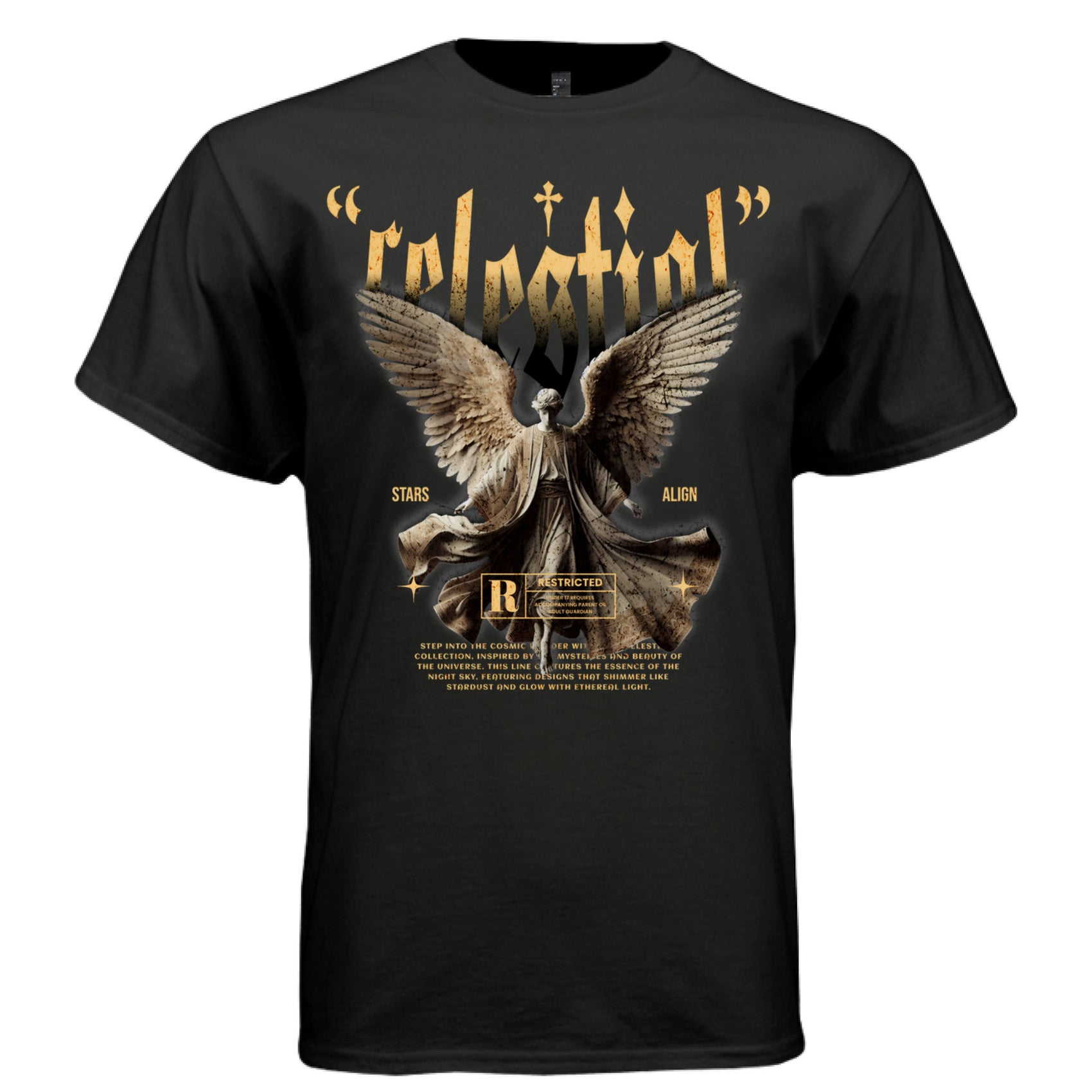 STARS ALIGN Project Hood oversized unisex tee worn look — stone angel cosmic streetwear gold distressed design side view