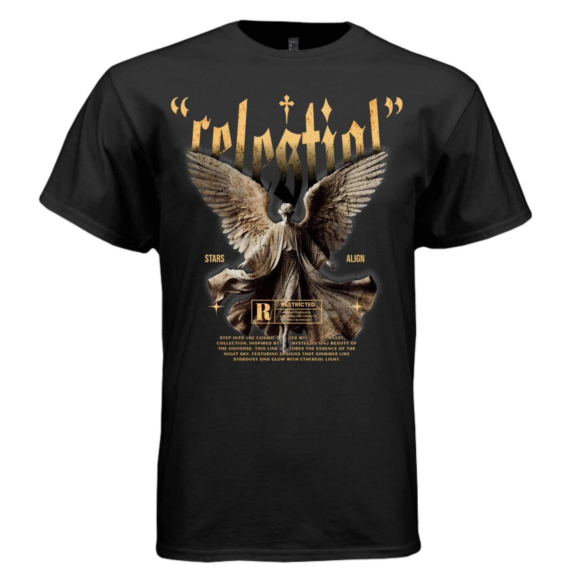 STARS ALIGN Project Hood oversized unisex tee worn look — stone angel cosmic streetwear gold distressed design side view