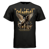 STARS ALIGN Project Hood oversized unisex tee worn look — stone angel cosmic streetwear gold distressed design side view