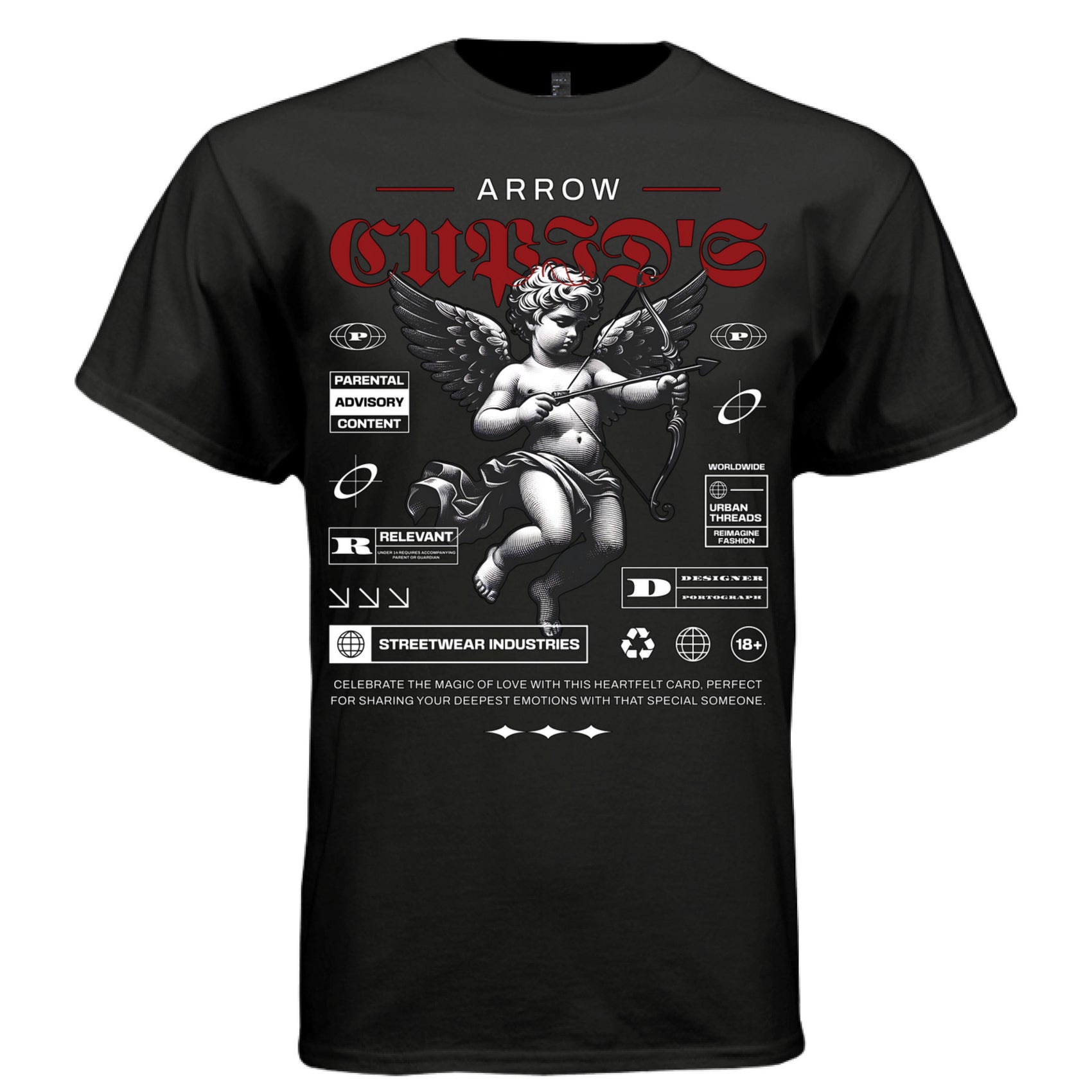 CUPID'S ARROW Project Hood oversized unisex tee worn look — red blackletter editorial streetwear cherub graphic side view