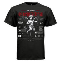 CUPID'S ARROW Project Hood oversized unisex tee worn look — red blackletter editorial streetwear cherub graphic side view