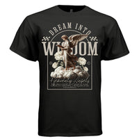 DREAM INTO WISDOM Project Hood oversized unisex tee worn look — collegiate angel reading fashion spiritual streetwear side view