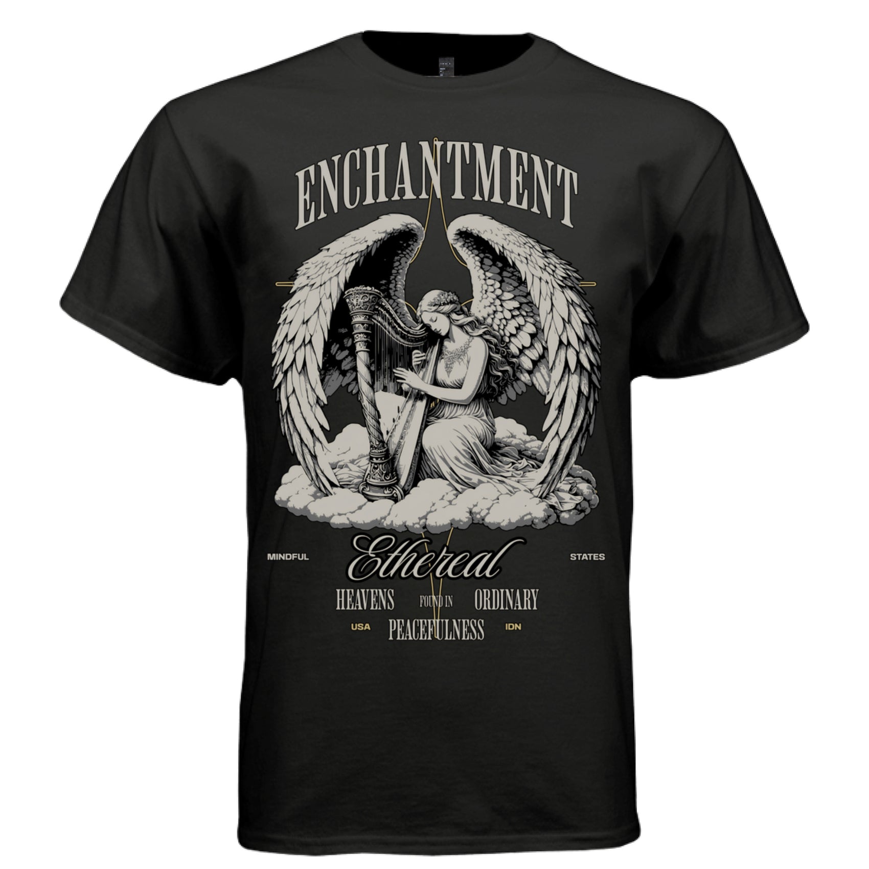 ENCHANTMENT Project Hood oversized unisex tee worn look — harp angel mindful states gold accents streetwear side view