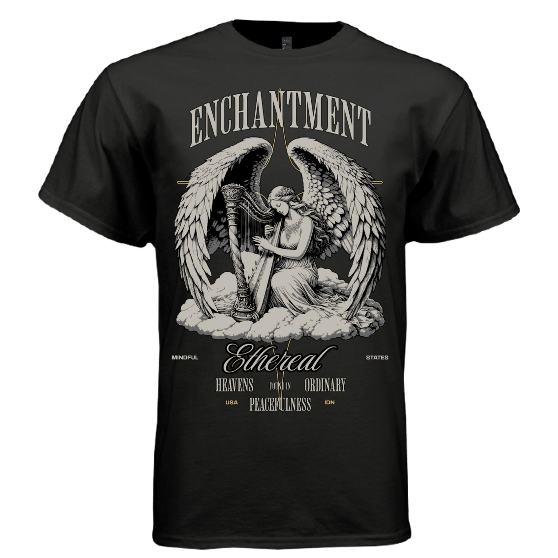 ENCHANTMENT Project Hood oversized unisex tee worn look — harp angel mindful states gold accents streetwear side view