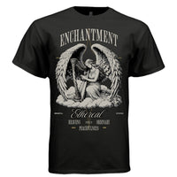 ENCHANTMENT Project Hood oversized unisex tee worn look — harp angel mindful states gold accents streetwear side view