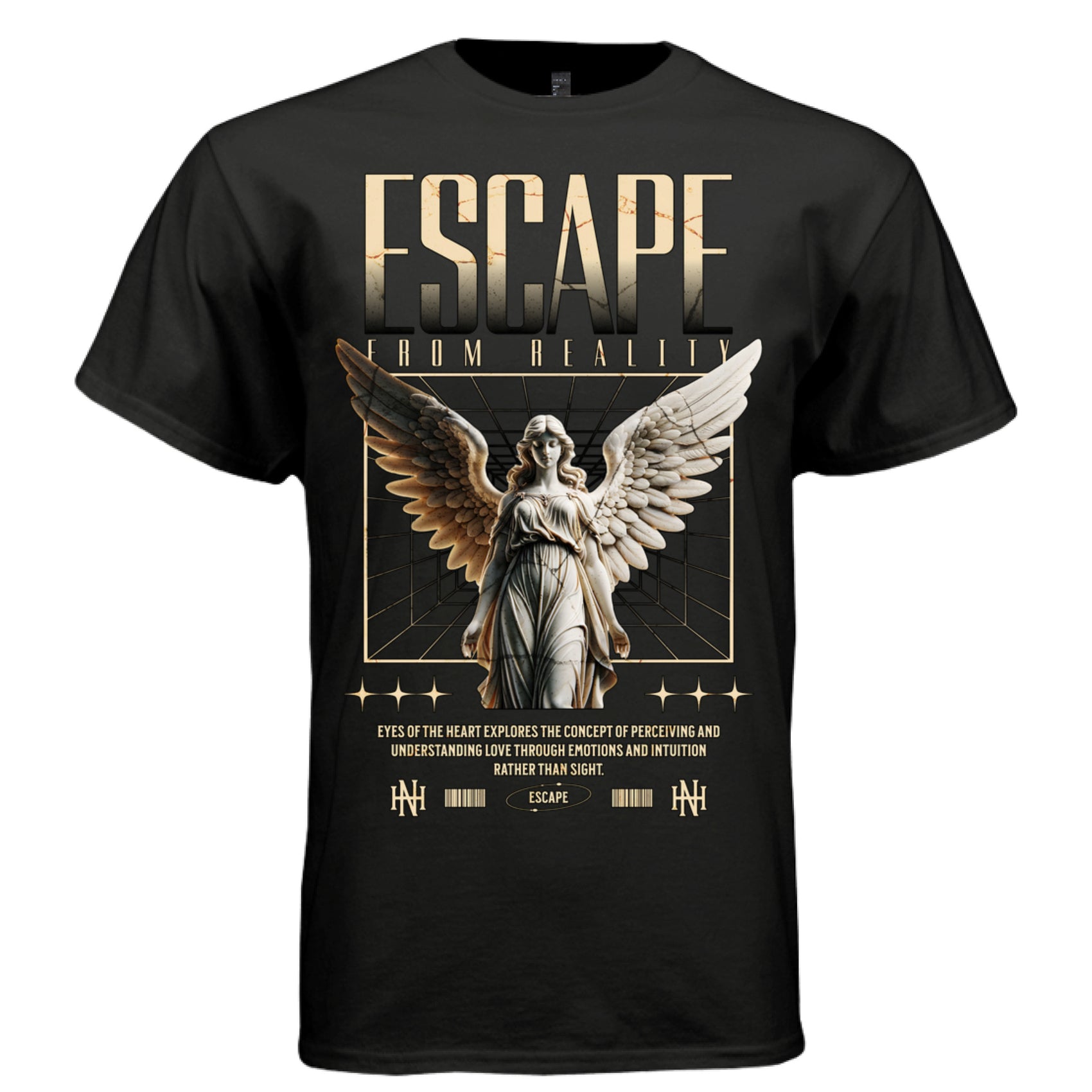 FALLEN ANGEL Project Hood oversized unisex tee worn look — dark wings rebellion redemption urban streetwear side view