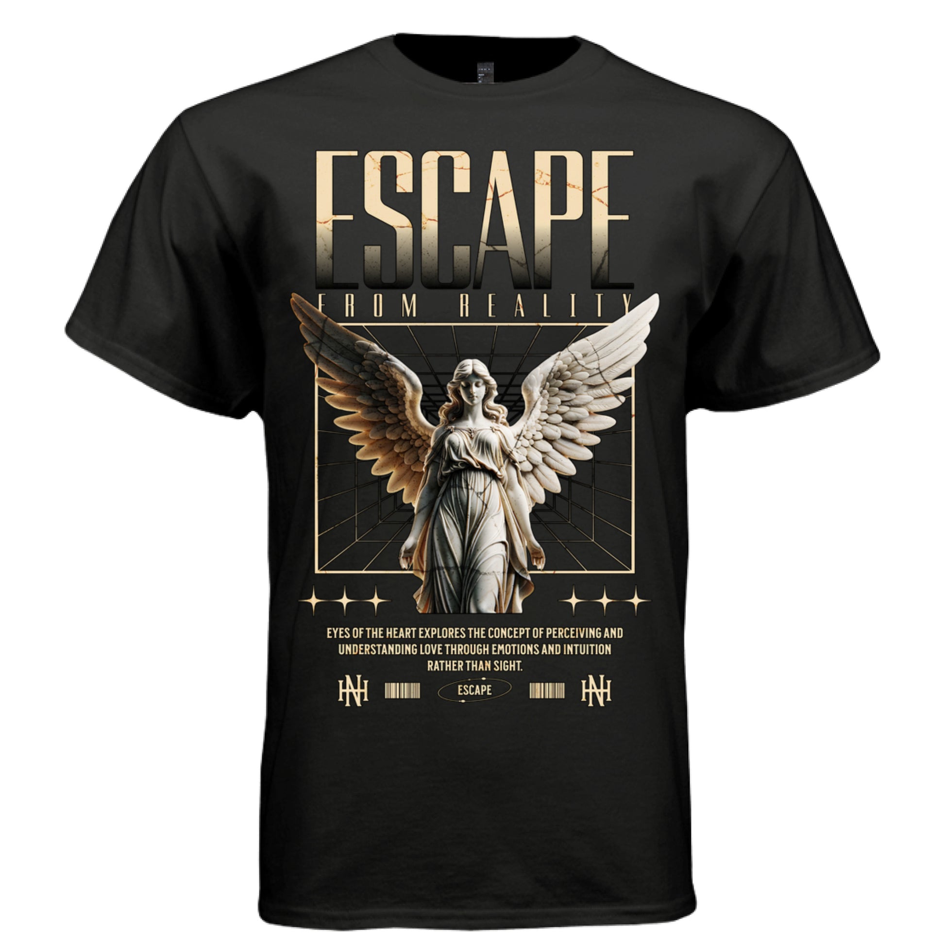 FALLEN ANGEL Project Hood oversized unisex tee worn look — dark wings rebellion redemption urban streetwear side view
