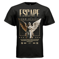 FALLEN ANGEL Project Hood oversized unisex tee worn look — dark wings rebellion redemption urban streetwear side view