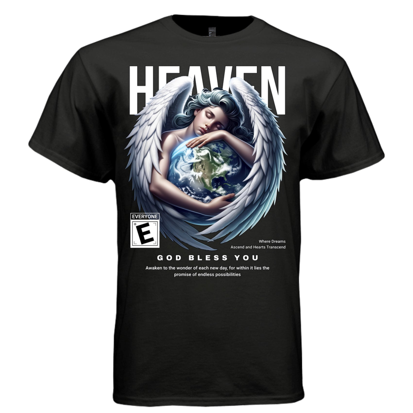 HEAVEN'S APPRENTICE Project Hood oversized unisex tee worn look — blue classical angel bird kindness faith streetwear side view