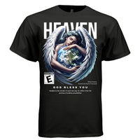 HEAVEN'S APPRENTICE Project Hood oversized unisex tee worn look — blue classical angel bird kindness faith streetwear side view