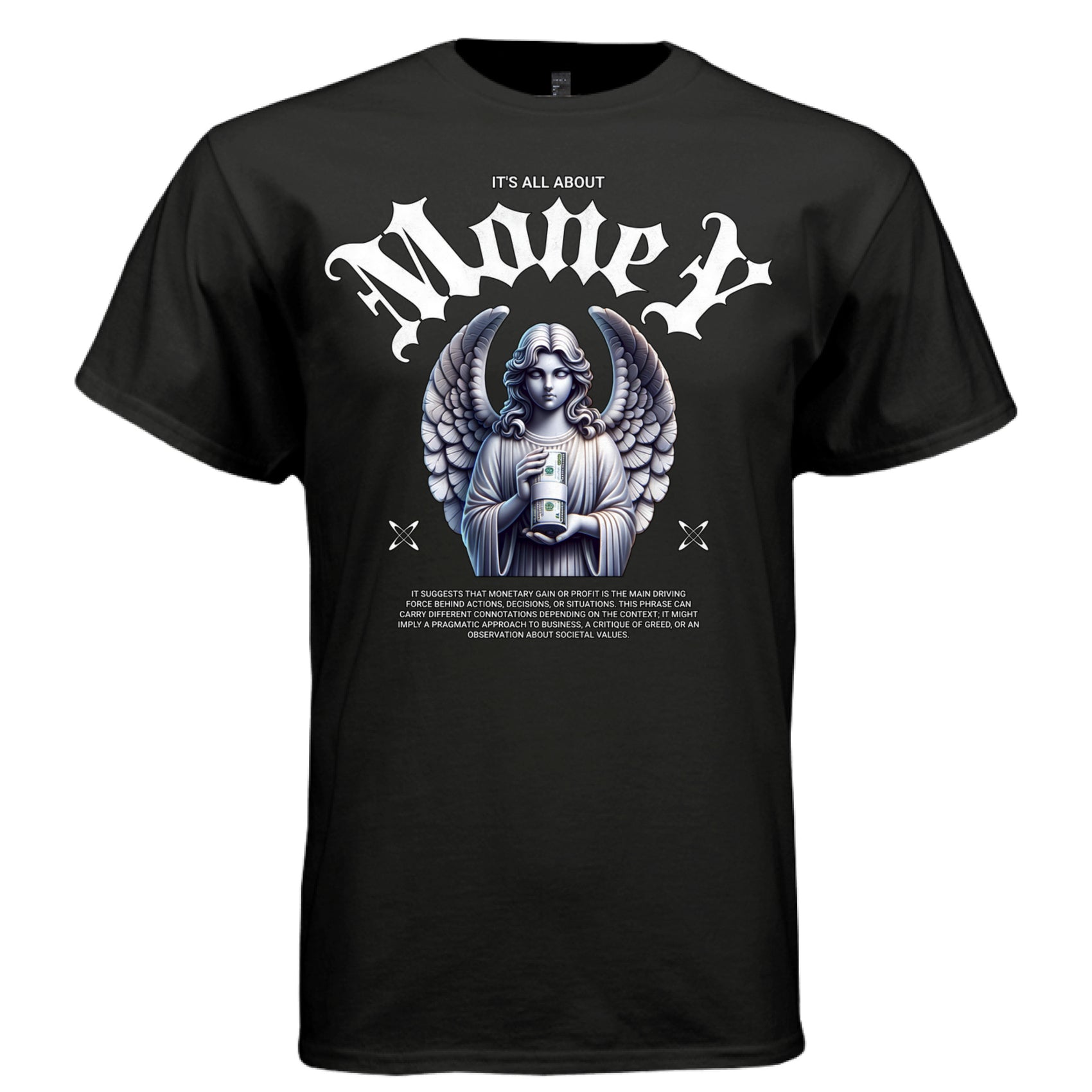 IT'S ALL ABOUT MONEY Project Hood worn side view — oversized streetwear silhouette marble angel wealth gothic font graphic tee on model