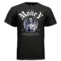 IT'S ALL ABOUT MONEY Project Hood worn side view — oversized streetwear silhouette marble angel wealth gothic font graphic tee on model