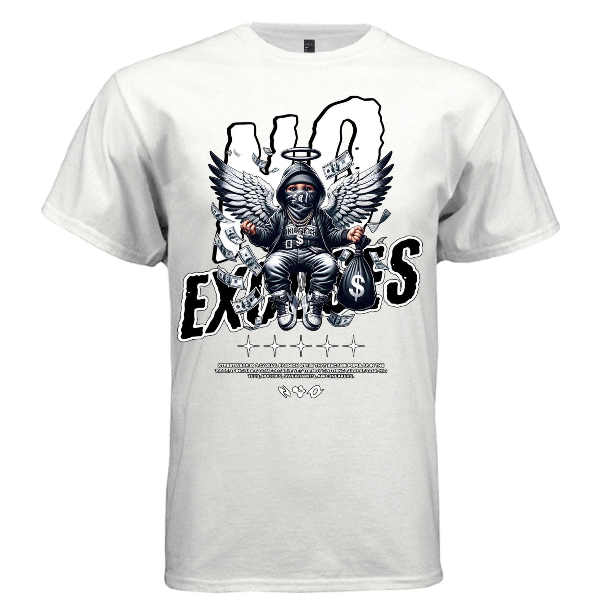 NO EXCUSES Project Hood typography close-up — bold black EXCUSES block letters white outline sketch NO upper text