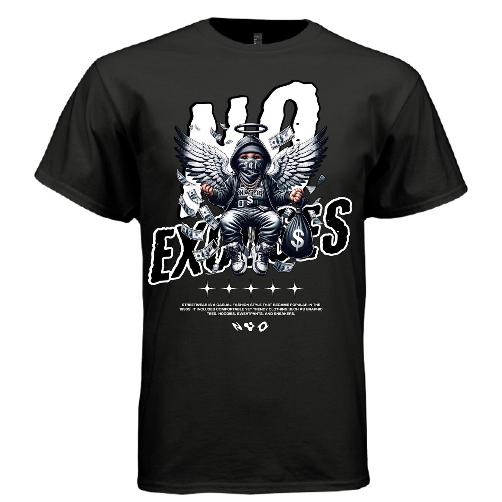 NO EXCUSES Project Hood worn side view — oversized streetwear silhouette cherub hustle graphic angel wings tee on model